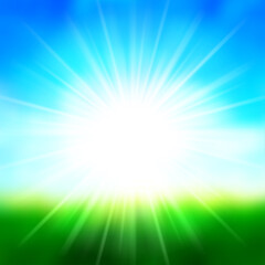 Summer background sky and sun light with lens flare, grass field landscape vector illustration.