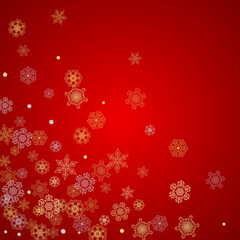 Fototapeta na wymiar Christmas snow on red background. Glitter frame for seasonal winter banners, gift coupon, voucher, ads, party event. Santa Claus colors with golden Christmas snow. Falling snowflakes for holiday