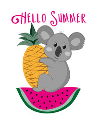 Hello Summer - cute koala bear with watermelon and pineapple. Good for T shirt print, poster, card, label, travel set and other gifts design.