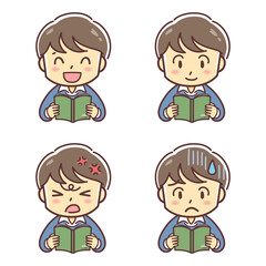 本を読む男の子のイラスト（喜怒哀楽・表情差分・教科書・読書）