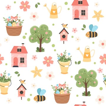 Spring pattern with cute elements - cherry blossom, easter egg basket, house, bees and flowers. Vector illustration in flat cartoon style