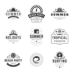 Fototapeta premium Summer holidays labels or badges retro typography vector design templates set. Silhouettes and icons for posters, greeting cards and advertising.