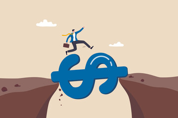 Money to rescue or support business to survive, financial help solution to get pass crisis, budget or loan payment concept, businessman jump pass cliff gap with money dollar sign bridge.