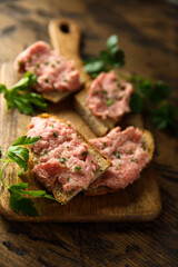 Traditional pork pate or sausage on a white bread