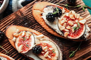 Bruschetta or ctostini with blue cheese and figs, tasty appetizer wine, banner, catering menu...