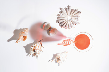 Fresh red cocktail with drink straw and seashells. Tropical beach, summer, sea, vacation and travel concept with copy space.