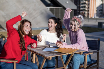 Overjoyed students celebrating successful final tests