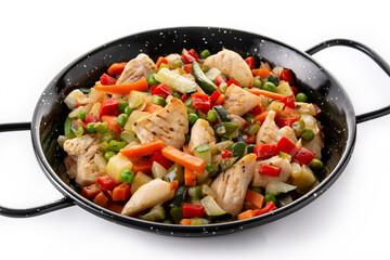 Chicken stir fry and vegetables isolated on white background	