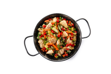 Chicken stir fry and vegetables isolated on white background. Top view