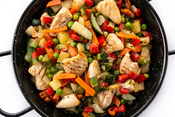 Chicken stir fry and vegetables isolated on white background.Close up