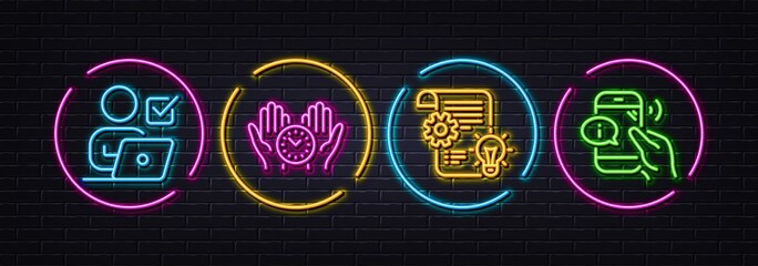 Cogwheel, Safe time and Online voting minimal line icons. Neon laser 3d lights. Call center icons. For web, application, printing. Idea bulb, Management, Internet poll. Phone support. Vector