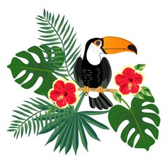 A tropical toucan sits on a branch surrounded by palm leaves and red hibiscus flowers. Exotic print. Vector illustration.