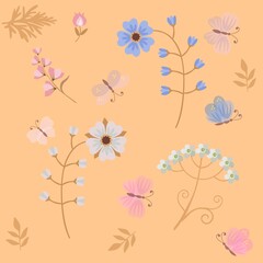 Flowering branches, leaves and butterflies on a delicate peach background. Seamless natural print for fabric. Vector illustration. Pattern for bed linen, underwear, wallpaper.