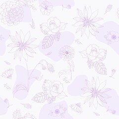Gentle monochrome lilac natural pattern with zinnia, Jerusalem artichoke, rose, delphinium and other flowers on a white background. Seamless floral print for fabric. Excellent lingerie fabric.