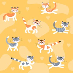 Seamless animal print for fabric with cute cartoon gray-white and orange-white cats on a yellow-orange background in vector.