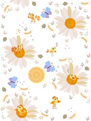 Fairytale kids seamless print. Cute cartoon birds, big daisies, small buds, bird tracks, berries and butterflies on a white background. Funny pattern for fabric, wallpaper.