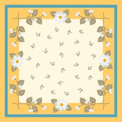 A handkerchief, a napkin with a frame of daisies on a light orange background and tiny blue tulips in the center on a yellowish background. Vector illustration.