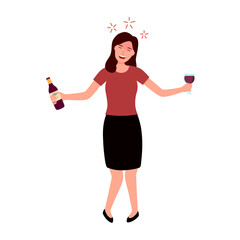 Drunk woman holding wine or beer glass and alcohol bottle in the party, alcoholic female drinker.
