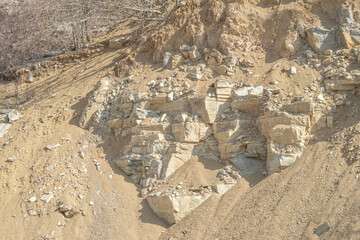 Silurian limestone rock landslide at a quarry.