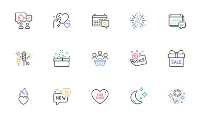 Puzzle, Fireworks explosion and Present box line icons for website, printing. Collection of Message, Sale offer, Fireworks icons. Buyers, Heart flame, New web elements. Travel calendar. Vector