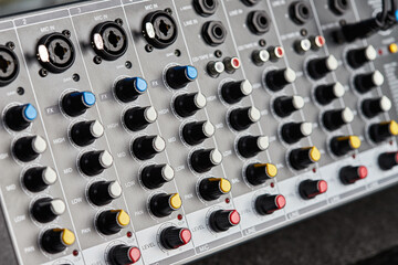Audio sound mixer amplifier equipment, acoustic musical mixing engineering concept. Sound...