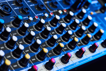 Audio sound mixer amplifier equipment, acoustic musical mixing engineering concept. Sound...