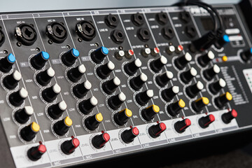 Audio sound mixer amplifier equipment, acoustic musical mixing engineering concept. Sound...