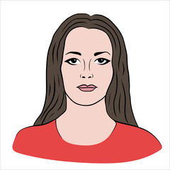 A European woman. A girl with fair skin. A hand-drawn portrait. The brunette. Looks at the camera. Isolated on white.