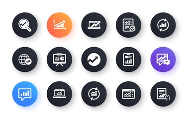 Analytics icons. Reports, Charts and Graphs. Data statistics classic icon set. Circle web buttons. Vector