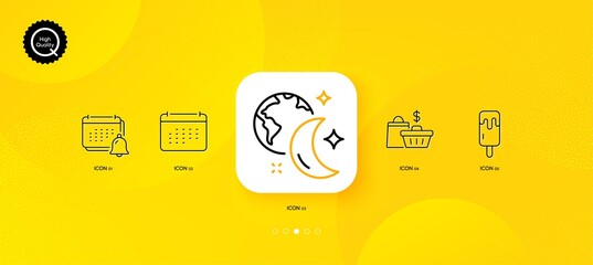 Fototapeta na wymiar Ice cream, Sale bags and Sleep minimal line icons. Yellow abstract background. Calendar, Notification icons. For web, application, printing. Sundae stick, Shopping cart, World and moon. Vector