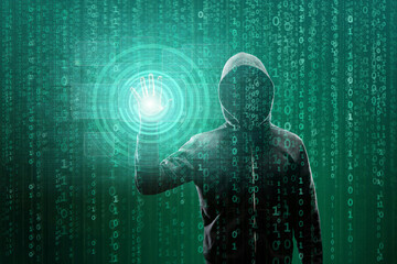 Hacker over Abstract Digital Background with Elements of Binary Code and Computer Programs. Concept of Data thief, internet fraud, darknet and cyber security.