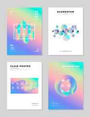 Modern abstract poster cover design template. Trendy fluid holographic effect shapes composition for flyers, banners, brochures and reports.