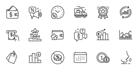 Outline set of Infochart, Loyalty award and Sale tags line icons for web application. Talk, information, delivery truck outline icon. Include Atm service, Vip podium, Decreasing graph icons. Vector