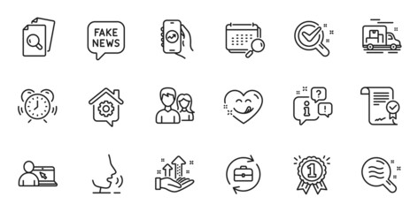 Outline set of Skin condition, Time management and Fake news line icons for web application. Talk, information, delivery truck outline icon. Vector