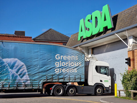 Llanelli, Wales, UK, March14, 2022 :  Asda Delivery Lorry From  Its Supply Chain Delivering Its Truck Full Of Goods And Merchandise To Its Retail Supermarket Store In The City Centre, Stock Photo