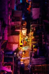 Night at dark back alley, Old town in Hong Kong, cyber color