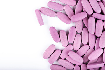 Group of medical pills on white background. Antidepressant drugs meds.