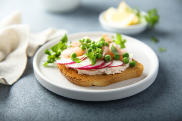 Shrimp toast with cream cheese, radish and green pea