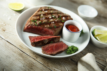Grilled beef steak with tomato sauce	