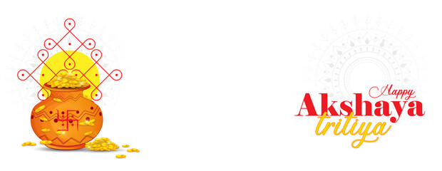 Vector illustration of Akshaya Tritiya celebration with a golden kalash, gold coins on decorated background.