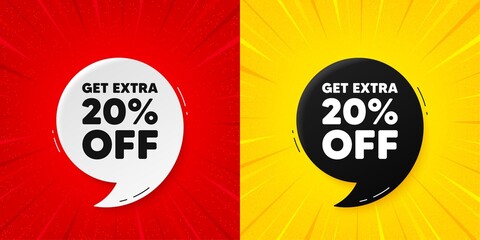 Get Extra 20 percent off Sale. Flash offer banner with quote. Discount offer price sign. Special offer symbol. Save 20 percentages. Starburst beam banner. Extra discount speech bubble. Vector