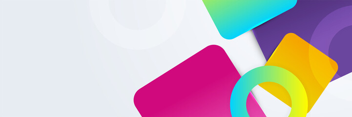 Modern colorful abstract geometric banner background. Tech banner design with square, triangle, circle, and geometric shapes. Vector abstract graphic design banner pattern background template.