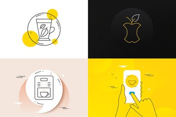 Minimal set of Organic waste, Coffee cup and Coffee maker line icons. Phone screen, Quote banners. Mint leaves icons. For web development. Leftover food, Hot drink, Tea machine. Mentha leaf. Vector