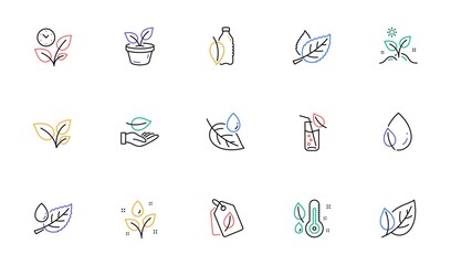 Plants line icons. Leaf, Growing plant and Humidity thermometer. Water drop linear icon set. Bicolor outline web elements. Vector