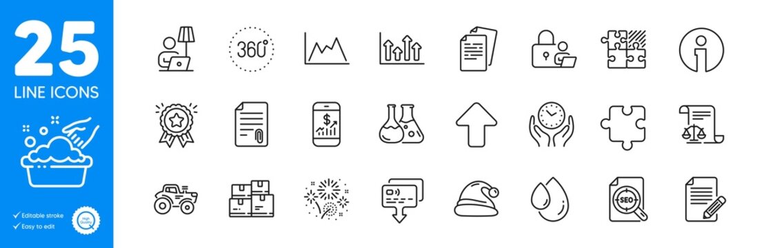 Outline Icons Set. Hand Washing, Santa Hat And Documents Icons. Legal Documents, Chemistry Lab, Safe Time Web Elements. Card, Info, Lock Signs. 360 Degrees, Upper Arrows, Upload. Vector