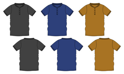 Multicolor Short Sleeve T-Shirt with pocket Overall Technical fashion flat sketch vector illustration template front and back views. Apparel design mock up cad.