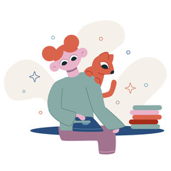Vector flat cartoon illustration. Housework. The girl irons clothes. The cat helps.