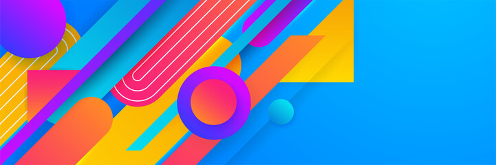Modern colorful blue abstract geometric banner background. Tech banner with square, triangle, circle, and geometric shapes. Vector abstract graphic design banner pattern background template. - obrazy, fototapety, plakaty