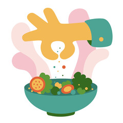 Vector flat cartoon illustration. Chefs in the kitchen. The cook salts and peppers the dish.