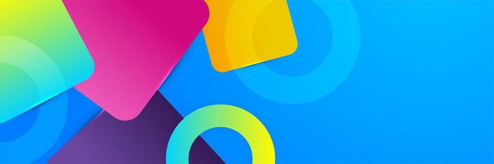 Fototapeta premium Modern colorful blue abstract geometric banner background. Tech banner with square, triangle, circle, and geometric shapes. Vector abstract graphic design banner pattern background template.